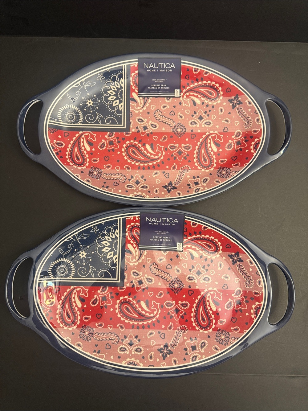 💥2pc Nautica Americana Print  100% Melamine Serving Tray Set  - Red/White/Blue